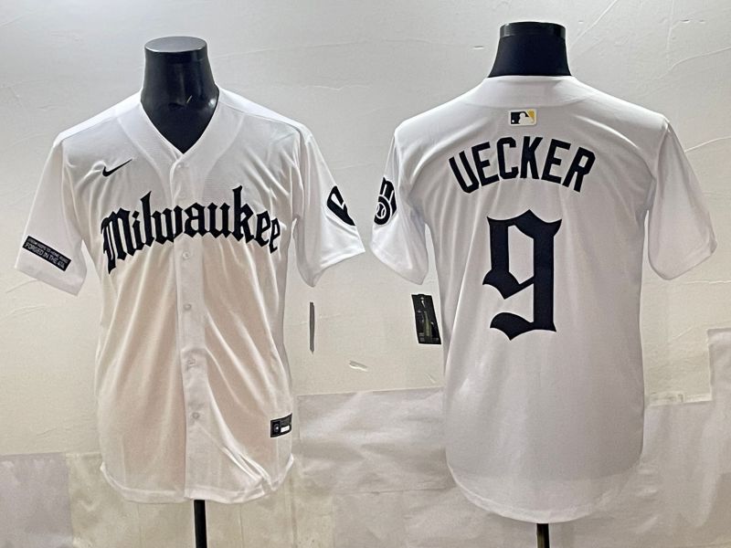 Men 2025 Milwaukee Brewers #9 Uecker White Five generations Joint Name Nike MLB Jersey style 02